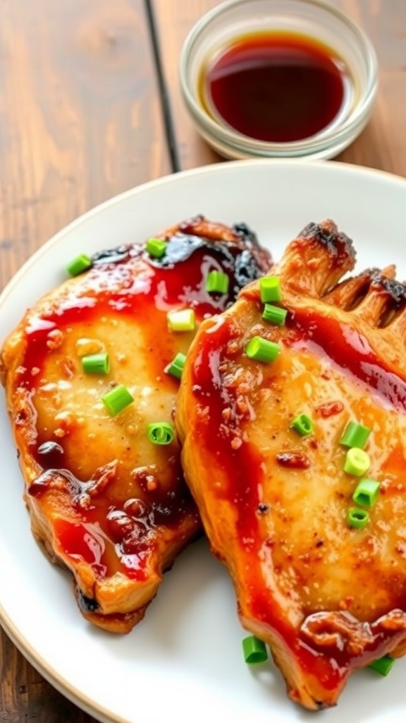 Two honey garlic pork chops on a plate, garnished with green onions, served on a rustic table.